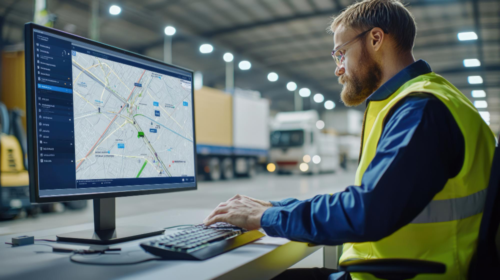 Logistics manager planning delivery route using gps tracking software