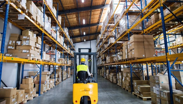 Warehouse worker operating a yellow forklift between tall storage racks filled with boxes, representing warehouse asset tracking and inventory management solutions.