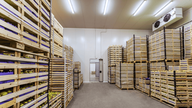 Cold storage warehouse with stacked wooden crates of produce, illustrating cold chain temperature monitoring and refrigerated asset management solutions.